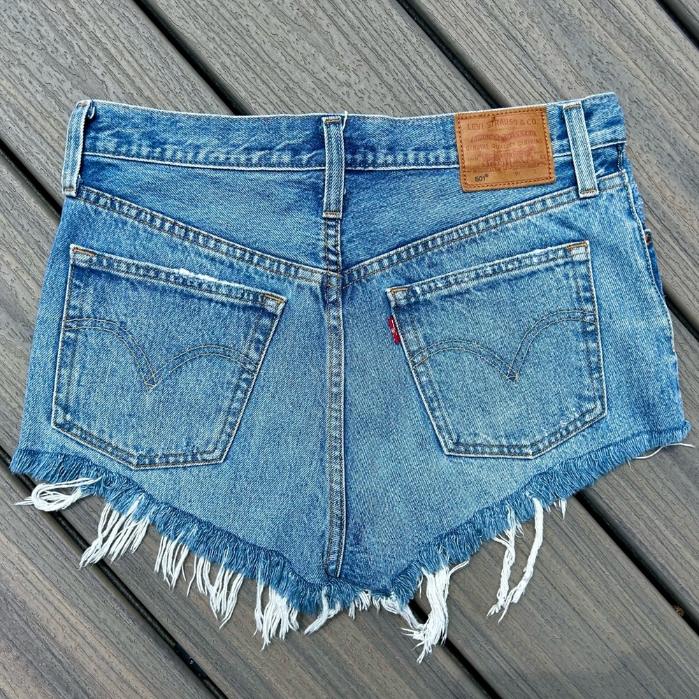 Levi's 501 Button Fly, Blue Frayed Jean Shorts - Picture 2 of 5